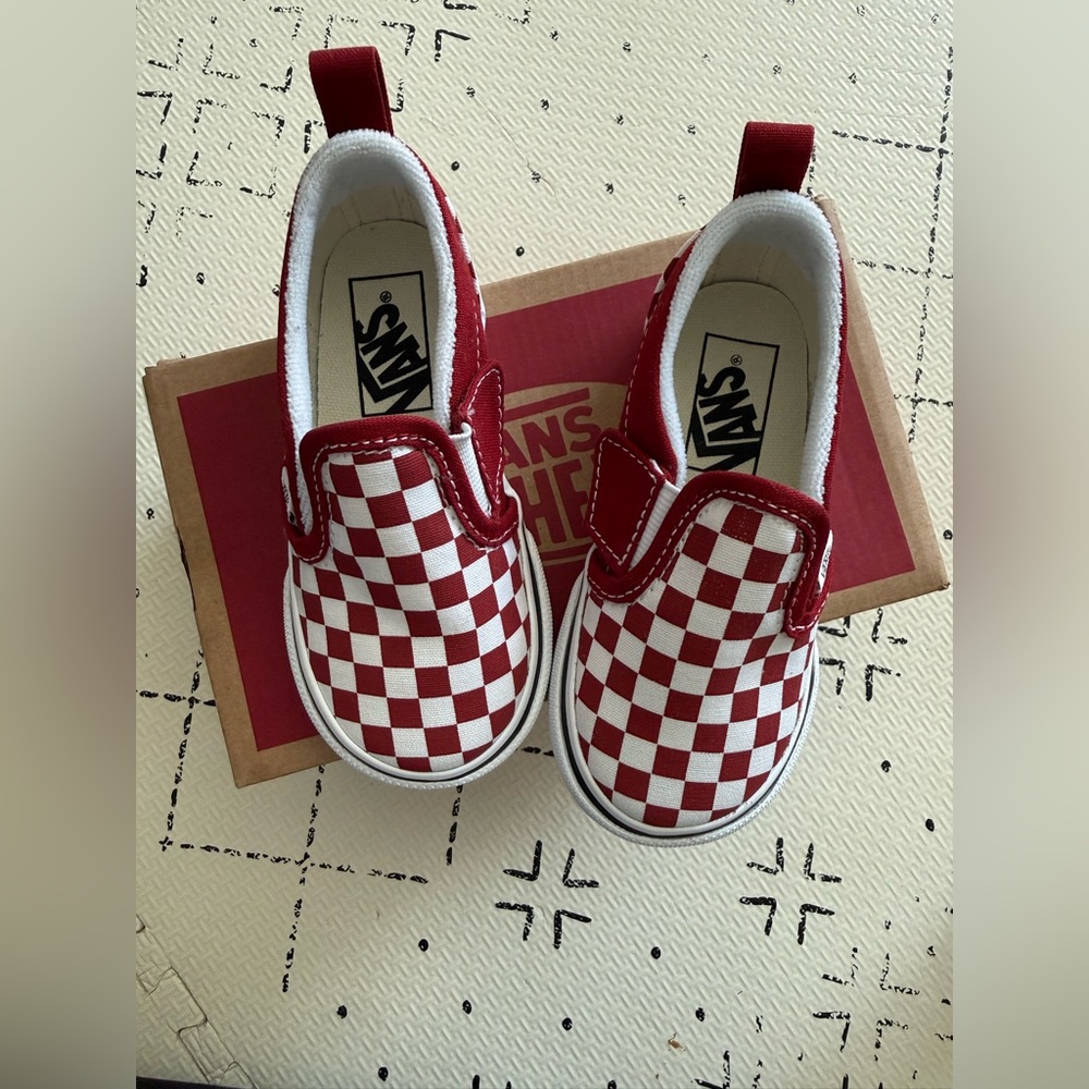 Vans Kids Red and White Checkered Slip-On Sneakers